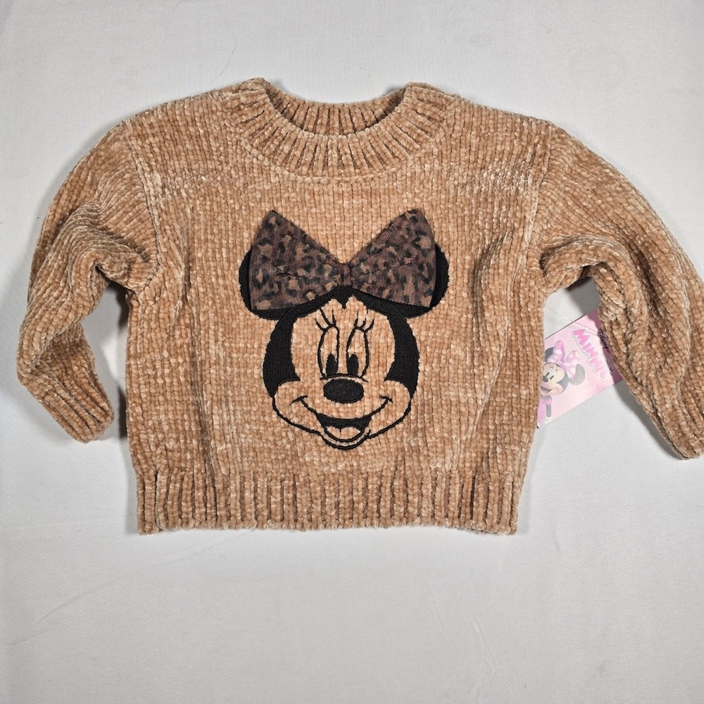 Disney‎ Minnie Mouse Girls 2T Chenille Sweater Tan Leopard Print Bow Dainty